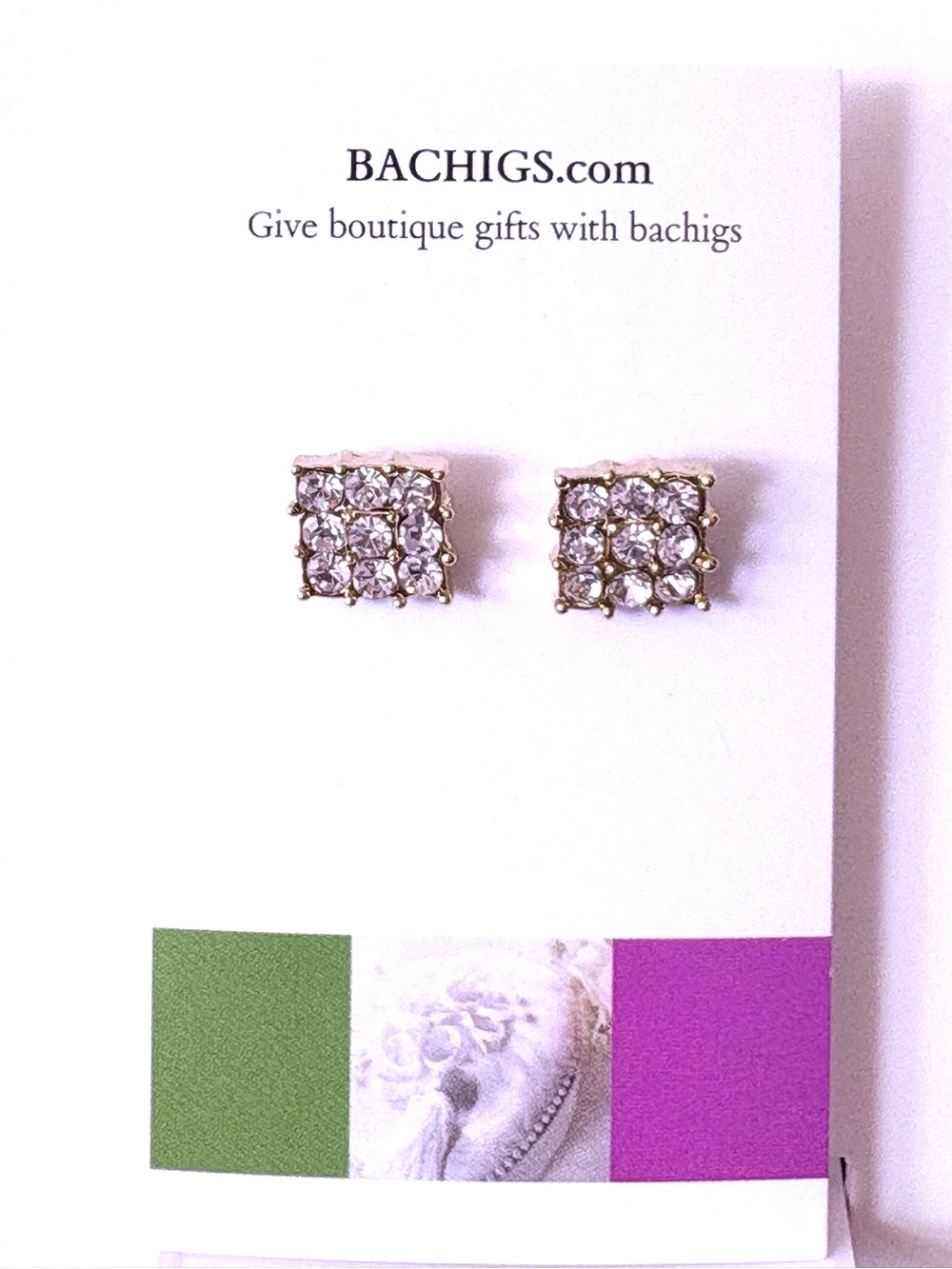 Gold Crystal Square Stud Earrings - Clear Sparkle, new